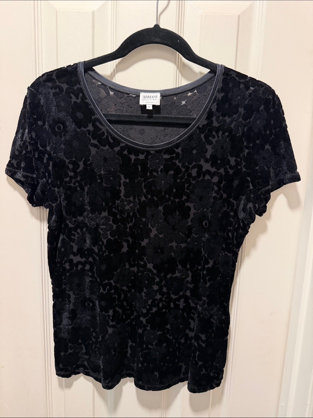 Armani Collezioni Black Floral Burnout Velvet Short Sleeve Top